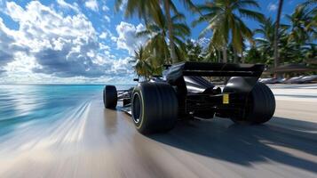 A black race car is speeding down a beach road photo