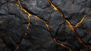 A black rock with a crack in it and gold streaks photo