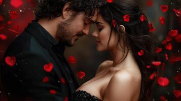 A man and woman are kissing in a black suit and a red dress photo