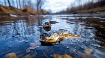 Two fish are swimming in a river with one of them having its mouth open photo