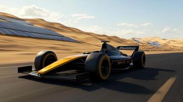 A black and yellow race car is speeding down a desert road photo