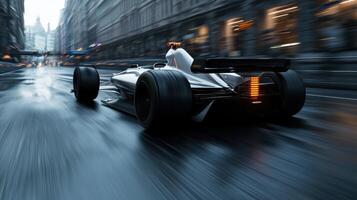 A silver race car is speeding down a wet street photo