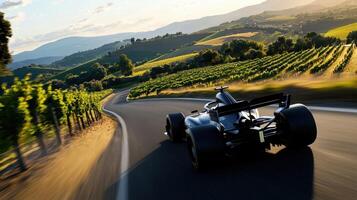 A racing car driving down a road with vineyards in the background photo