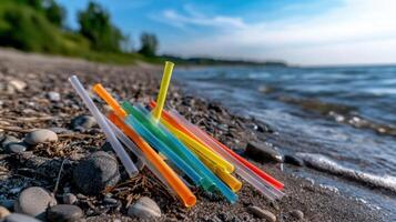 A pile of plastic straws on a beach photo