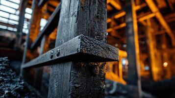 A wooden post with a black coating and a rusty nail photo
