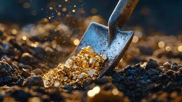 A shovel is digging into the ground and gold is coming out of it photo