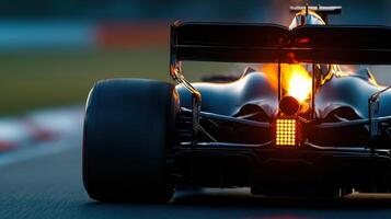 A black race car with a bright orange tail light photo