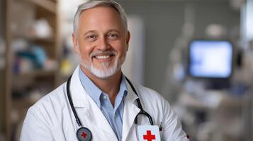 A smiling doctor wearing a white coat and a red cross on his jacket photo