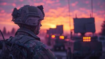A soldier stands watch as the sun sets, casting colorful hues in the sky while military vehicles are parked behind him, signaling a moment of reflection during a training operation. photo