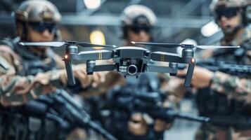 Soldiers equipped with tactical gear stand ready for a mission while a surveillance drone floats in front of them, showcasing advanced military technology during an indoor training session. photo