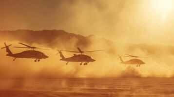 Three military helicopters fly in formation through a dusty desert as the sun sets, illuminating the scene with golden hues and emphasizing their powerful silhouettes. photo