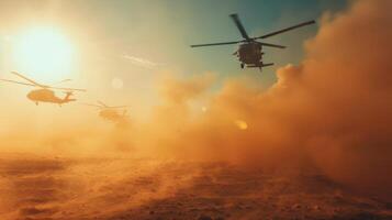 Three helicopters navigate through clouds of dust as the sun sets on the horizon, highlighting their silhouettes in a military operation setting. photo