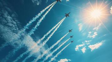 A formation of military jets ascends into the sky, leaving behind distinctive vapor trails. The backdrop features a bright sun and a few wispy clouds, creating a striking contrast. photo