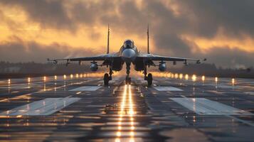 A fighter jet is positioned on a runway during dawn, surrounded by a stunning sky filled with clouds. The wet runway reflects the colors of the sunrise, creating an impressive visual. photo