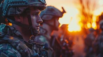Group of soldiers is lined up, ready for action at dusk. Warm colors of sunset illuminate their uniforms, creating a dramatic backdrop for their focus and determination. photo