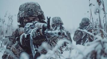Military personnel dressed in winter camouflage focus intently as they prepare for a mission in a snowy landscape, highlighting teamwork and resilience in challenging weather. photo