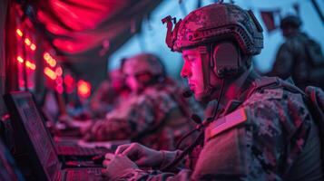 Soldiers focus on their tasks at a command center, utilizing laptops and communication equipment in a dimly lit environment with red lighting. photo