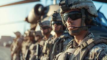 Soldiers in tactical uniforms stand in a straight line with serious expressions as helicopters hover nearby, creating a backdrop during the sunset hours, showcasing military preparedness. photo