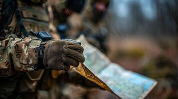 Troops closely examine a map while strategizing their next move in a woodland area. The focus is on teamwork and navigation skills while adjusting to challenging conditions. photo