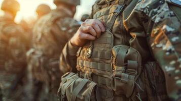 Military personnel stand in formation during a training exercise at sunset, checking their equipment and ensuring readiness for deployment while the sun sets on the horizon. photo