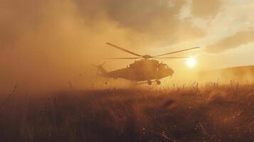 A helicopter is lifting off from a grassy field at sunset, kicking up dust while the orange sun sets in the background, creating a dramatic and atmospheric moment. photo