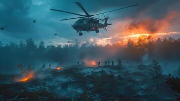 A helicopter hovers above a forest battling fires, with firefighters working against the backdrop of a dramatic sunset, smoke, and glowing embers in a dense woodland. photo