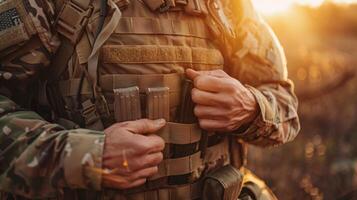 A soldier adjusts his tactical vest while standing in a sunlit area, readying for training exercises. The atmosphere conveys focus and determination in a natural setting. photo