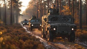 Group of military vehicles drives along a muddy forest trail surrounded by tall trees and vibrant autumn foliage at dawn, emphasizing rigorous training activities. photo