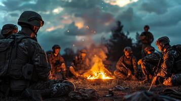 Around a campfire, a group of soldiers enjoys the warmth and light as twilight sets in, fostering a sense of unity and reflection in a secluded wilderness photo