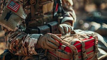 A soldier in camouflage clothing organizes a red medical kit on the ground, showcasing the commitment to preparedness in a military setting at dawn. photo