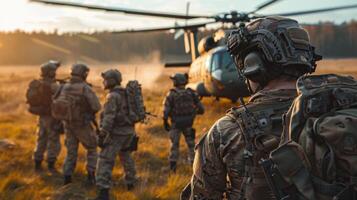 Service members gather in an open field, donning tactical gear, as a helicopter lands during the warm glow of sunset, showcasing their readiness for an upcoming operation. photo