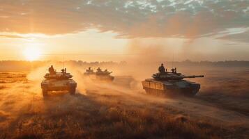 Four military tanks move steadily through a mist covered field as the sun rises, casting a warm glow over the setting and creating an atmosphere of intensity and focus. photo
