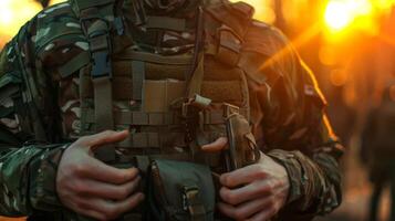A soldier is seen adjusting his tactical gear as the sun sets, creating a warm glow in a forest environment, highlighting camaraderie and dedication during a training exercise. photo