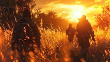 Three soldiers are walking together through fields of tall grass as the sun sets in the background, casting a warm glow over the landscape. photo