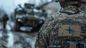 Military personnel in camouflage uniforms walk through challenging muddy terrain while armored vehicles provide support during an operation in a conflict area near sunset. photo