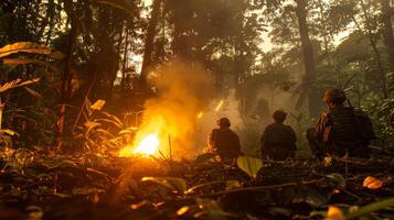 Soldiers monitor a controlled fire in a lush forest as dawn breaks, casting an orange glow on their surroundings and highlighting the greenery. photo