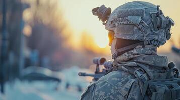 A soldier in camouflage winter gear stands poised, looking over a snowy urban landscape. The sun sets in the background, casting a warm glow over the scene, highlighting the atmosphere of vigilance. photo