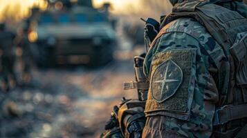 Soldiers in camouflage uniforms are preparing for operations in a conflict area. The golden hour casts a warm glow over the surroundings, highlighting their readiness and vigilance. photo