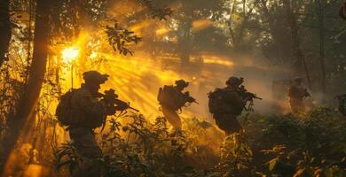 Amidst the vibrant sunset, military personnel navigate through thick vegetation, displaying precision and cooperation while engaged in a training operation surrounded by nature. photo
