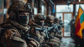 A group of soldiers in camouflage uniforms line up near the entrance, armed and alert, displaying unity and readiness in a tense environment. photo