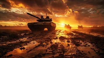 Armored tanks maneuver through muddy terrain under a striking sunset, with dramatic clouds enhancing the atmosphere, signifying a tense and historical moment. photo