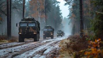 Several military trucks drive along a wet, muddy path in a dense forest, shrouded in fog, amidst vibrant autumn foliage, showcasing a training operation. photo