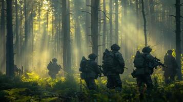 Military personnel advance through a lush forest, surrounded by tall trees and soft sunlight illuminating the misty air, as they engage in a tactical training operation. photo