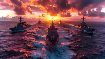 A naval fleet conducts maneuvers in the ocean at sunset, with multiple ships navigating together in formation under a colorful sky, demonstrating teamwork and naval capabilities. photo