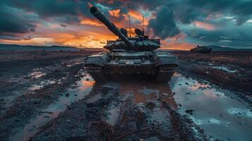 A modern tank sits in a muddy battlefield with puddles reflecting the vibrant sunset. Stormy clouds add drama to the sky above rolling hills, creating a striking landscape. photo