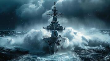 A warship powers through massive waves under a dark sky filled with storm clouds. The violent ocean spray and turbulent conditions create a dramatic maritime atmosphere. photo