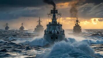 A naval fleet navigates challenging seas, with warships cutting through waves as dark clouds hover and the sunset casts a dramatic glow on the horizon, highlighting the power of the military. photo