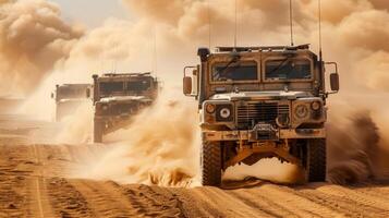 A convoy of military vehicles traverses a dusty landscape as strong winds create clouds of sand. The scene highlights determination and resilience in challenging conditions. photo