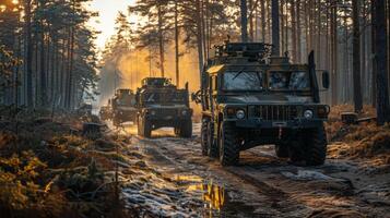 A convoy of military vehicles travels along a muddy forest trail at dawn. Sunlight filters through tall trees, illuminating the mist and creating a dramatic landscape. photo
