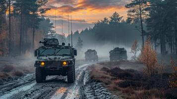 Military vehicles move cautiously along a muddy path surrounded by tall trees and early morning mist, emphasizing harmony between nature and military presence at dawn. photo